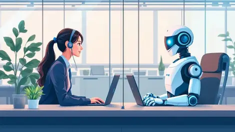 Customer service human agent robot assistant modern japanese office clear glass