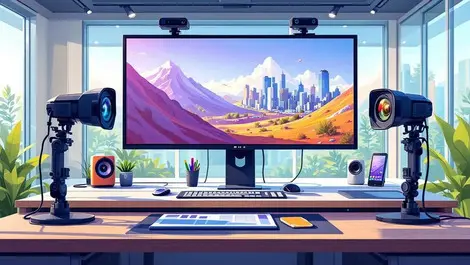 Modern office workspace sleek audio visual equipment large screens video conferencing