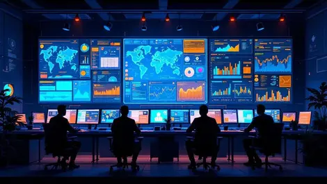 Dim soc with ai threat dashboards and analysts monitoring cyber risk