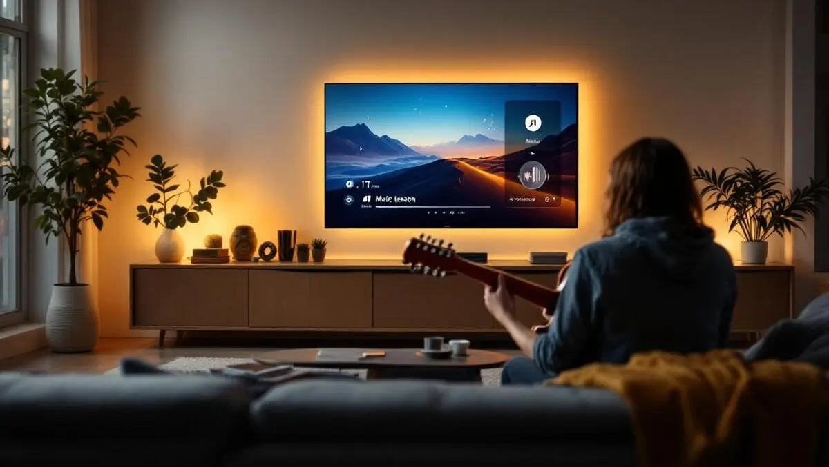 Modern living room smart tv guitar player interactive lesson scene