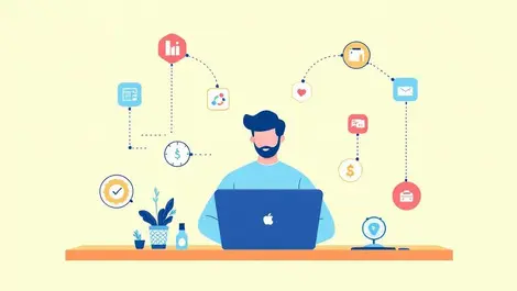 Small business owner desk integrated app network finance tools