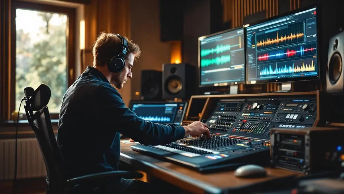 Audio engineer in modern anz control room with mixing console