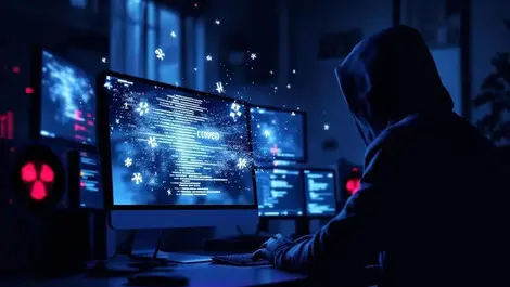 Dark office pc abstract code symbolizing fileless malware night scene