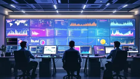Modern corporate soc room with source code graphs and risk heatmaps